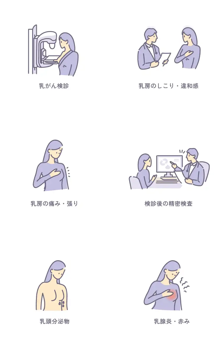 乳房のしこり・違和感、乳房の痛み・張り、乳がん検診、乳糖分泌物、検診後の精密検査、乳腺炎・赤み